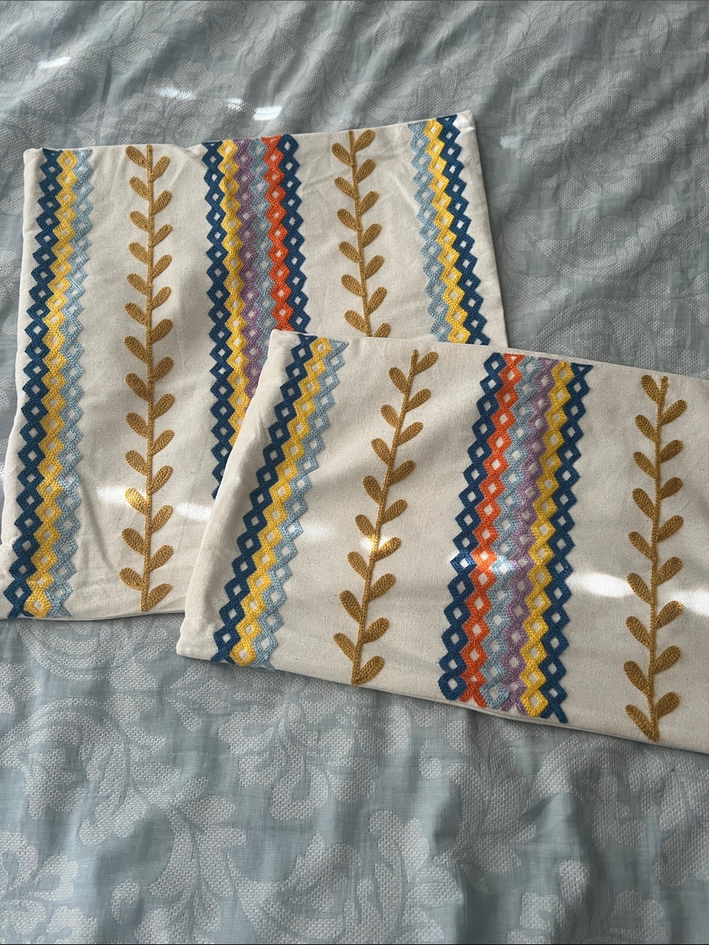 Embroidered Stripe Pillow Shams in White with Multicolor Accents
